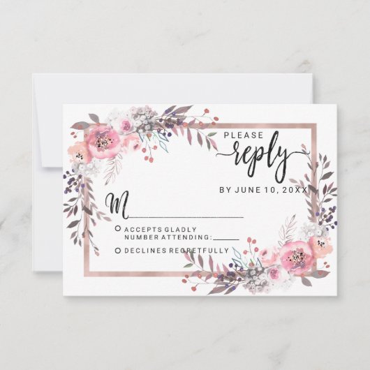 Blush & Rose Gold Gerahmte blumengeschmückte Hochz RSVP Karte (Vorderseite)