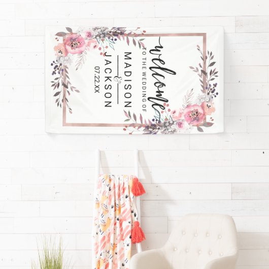 Blush & Rose Gold Gerahmte Blumenhochzeit Willkomm Banner (Insitu)