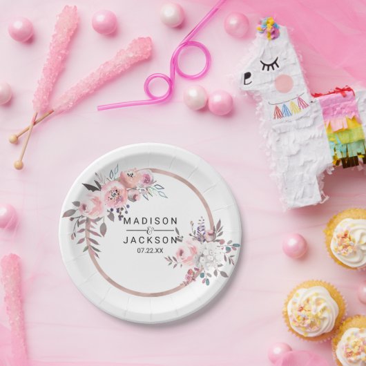 Blush & Rose Gold Gerahmte Blumenzange Pappteller (Party)