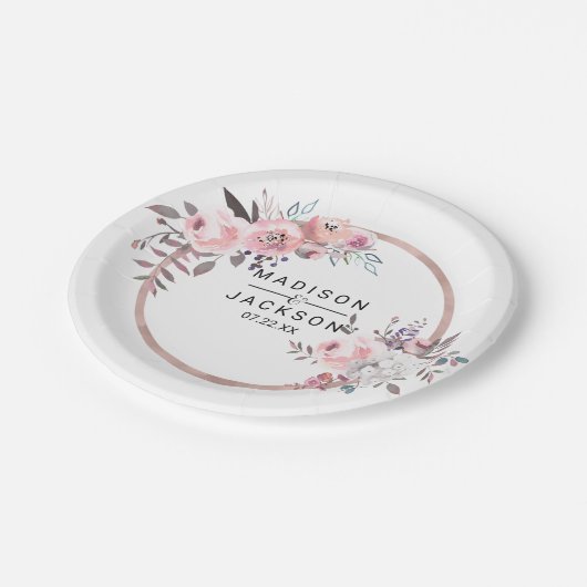 Blush & Rose Gold Gerahmte Blumenzange Pappteller (Schrägansicht)