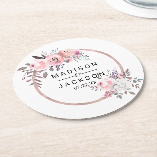 Blush & Rose Gold Gerahmte Blumenzange Runder Pappuntersetzer (Angewinkelt)