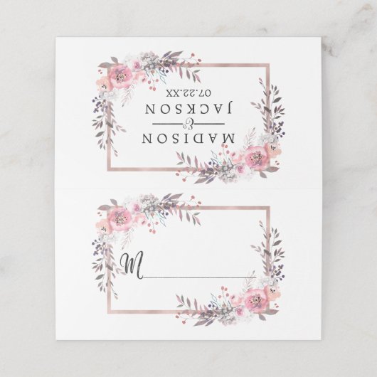 Blush & Rose Gold Gerahmte Tischnummer Sitzname Platzkarte (Außenseite Aufgefaltet)