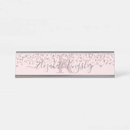 Blush Rose Gold Glitzer Diamond Monogram Schreibtischnamensplakette (Vorderseite )