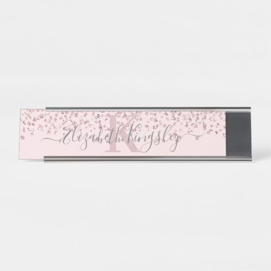 Blush Rose Gold Glitzer Diamond Monogram Schreibtischnamensplakette (Vorderseite )