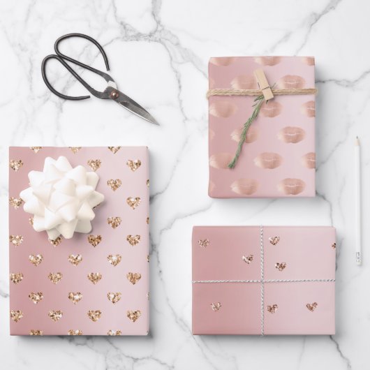 Blush Rose Gold Glitzer Herzen Kisses Geschenkpapier Set (Vorderseite)