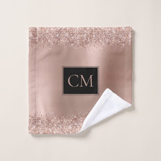 Blush Rose Gold Glitzer Metallic Monogramm Badhandtuch Set (Waschlappen)