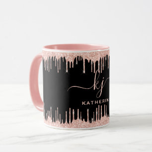 Blush Rose Gold Glitzer Tropfen 2 Monogramm Script Tasse