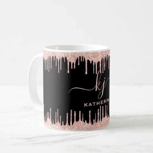 Blush Rose Gold Glitzer Tropfen 2 Monogramm-Skript Kaffeetasse (Vorderseite Links)