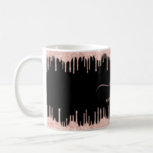 Blush Rose Gold Glitzer Tropfen 2 Monogramm-Skript Kaffeetasse (Links)