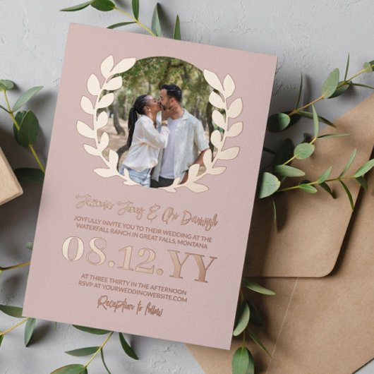 Blush Rose Gold Laurel Wreath Typografy Foto Folieneinladung
