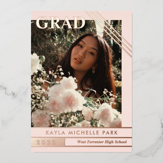 Blush Rose Gold Lines Foto Abschluss Folieneinladung (Vorderseite)