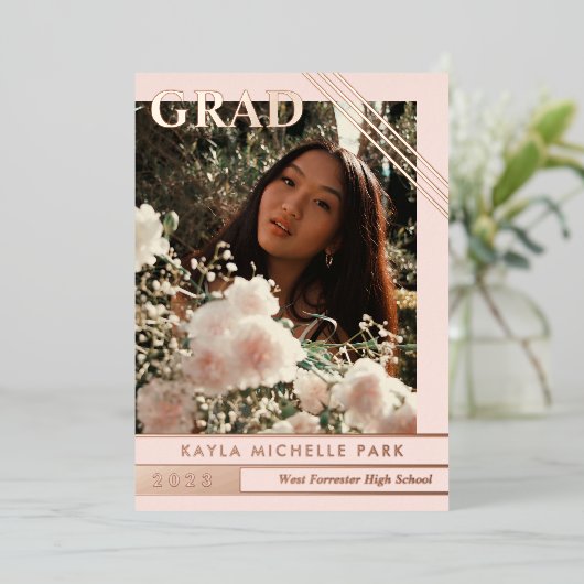 Blush Rose Gold Lines Foto Abschluss Folieneinladung (Stehend vorne)