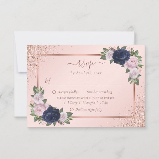 Blush Rose Gold Navy Blue Floral Wedding Meel RSVP Karte (Vorderseite)