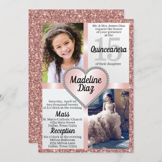 Blush Rose Gold Quinceañera Einladung Cumpleños (Vorne/Hinten)