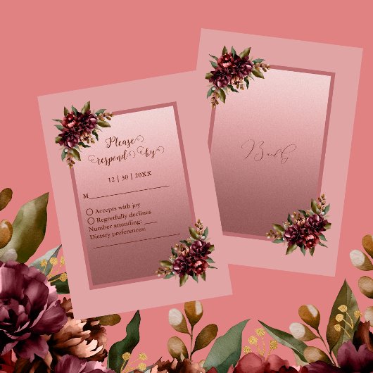 Blush Rose Gold Script - Burgundy floral wedding RSVP Karte