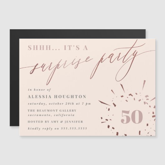 Blush & Rose Gold Script Überraschendes Party Magneteinladung (Vorne/Hinten)