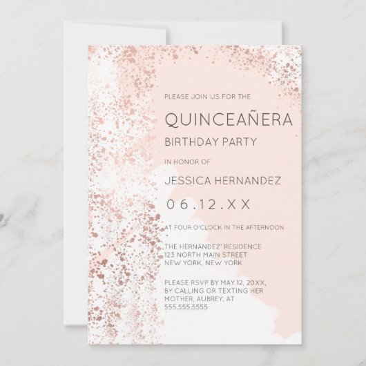 Blush Rose Gold Spritzer Pinselstrich Quinceañera Einladung (Vorderseite)
