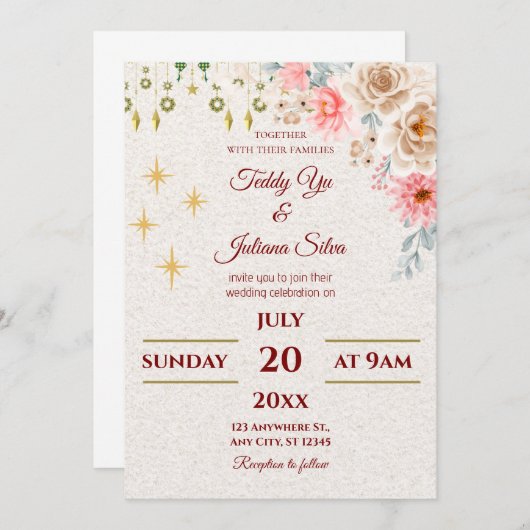 Blush Rose & Gold Stars Einladung Hochzeit (Vorne/Hinten)