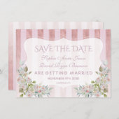 Blush Rose Gold Streifen Weiße Blume Hochzeit Save The Date (Vorne/Hinten)