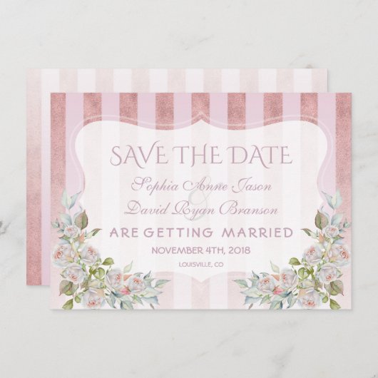 Blush Rose Gold Streifen Weiße Blume Hochzeit Save The Date (Vorne/Hinten)