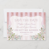 Blush Rose Gold Streifen Weiße Blume Hochzeit Save The Date (Vorderseite)