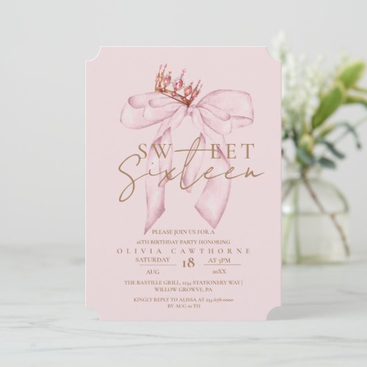 Blush Rose & Gold Sweet 16 Bow Geburtstag Einladung (Stehend Vorderseite)