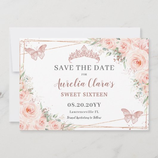 Blush Rose Gold Sweet 16 Quince Butterflies Save The Date (Vorderseite)