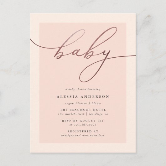 Blush & Rose Gold Typografie Girl Babydusche Einladungspostkarte (Vorderseite)