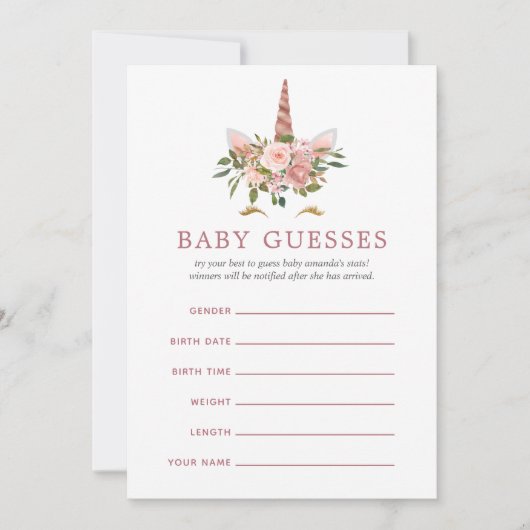 Blush & Rose Gold Unicorn Baby Shower Raten Einladung (Vorderseite)