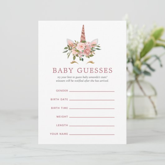 Blush & Rose Gold Unicorn Baby Shower Raten Einladung (Stehend Vorderseite)