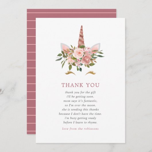 Blush & Rose Gold Unicorn Kinderdusche Vielen Dank Dankeskarte (Vorne/Hinten)