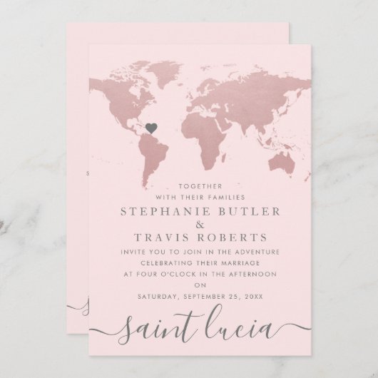 Blush Rose Gold Weltkarte Hochzeit Einladung (Vorne/Hinten)