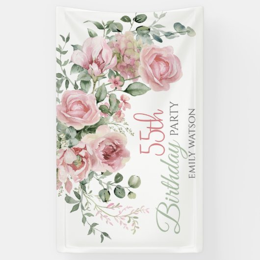 Blush Rose Greenery Eucalypt 55th Birthday Banner (Vertikal)