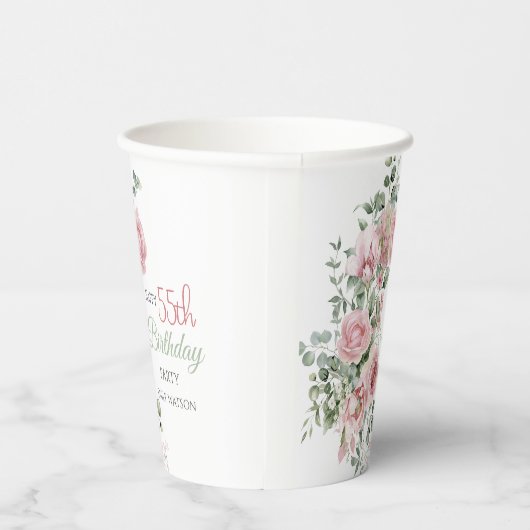 Blush Rose Greenery Eucalypt 55th Birthday Pappbecher (Rechts)