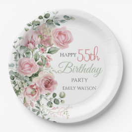 Blush Rose Greenery Eucalypt 55th Birthday Pappteller