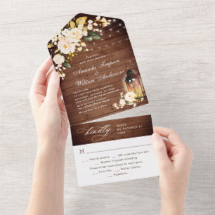 Blush Rose Hochzeit in rustikalem Holz-Laterne All In One Einladung
