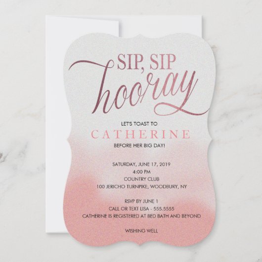 Blush & Rose Imitats Fossil, Sip Hooray Brautparty Einladung (Vorderseite)