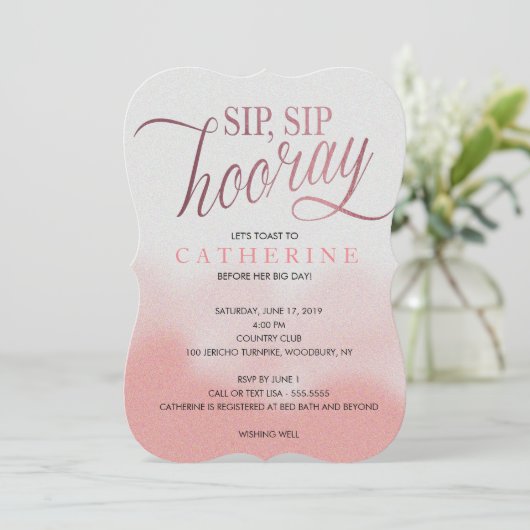 Blush & Rose Imitats Fossil, Sip Hooray Brautparty Einladung (Stehend Vorderseite)