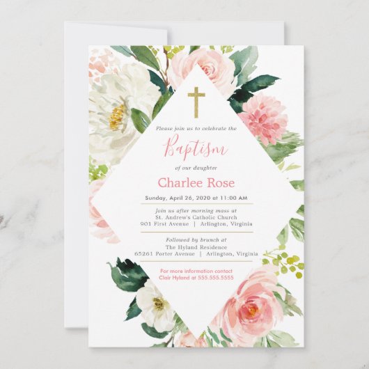 Blush Rose Kindertaufe und Brunch Rosa & Weiß Einladung (Vorderseite)