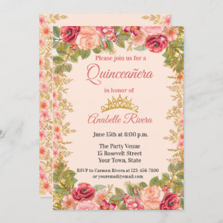 Blush Rose mit Gold-Blätter Quinceñera Einladung