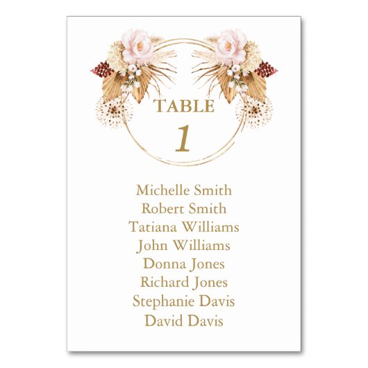 Blush Rose Pampas Gras Hochzeitskarte Tischnummer (Vorderseite)