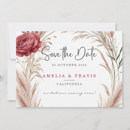 Blush Rose Pampas Grass Hochzeit Speichern Sie die Save The Date (Vorderseite)