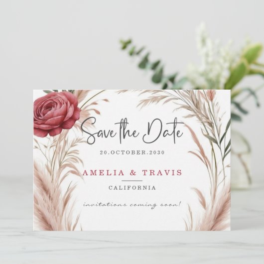 Blush Rose Pampas Grass Hochzeit Speichern Sie die Save The Date (Stehend Vorderseite)