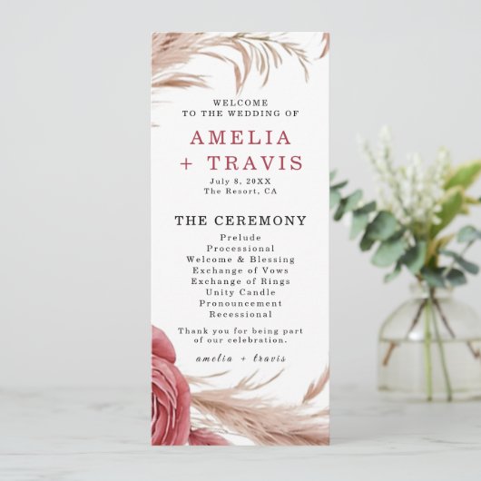 Blush Rose Pampas Grass Hochzeitsprogramm (Stehend Vorderseite)