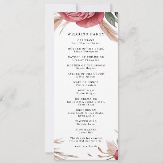 Blush Rose Pampas Grass Hochzeitsprogramm (Rückseite)