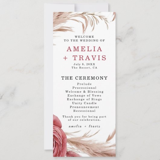 Blush Rose Pampas Grass Hochzeitsprogramm (Vorderseite)