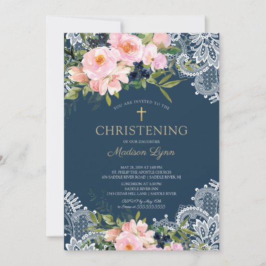 Blush Rose & Peonies Lace Christening Einladung (Vorderseite)