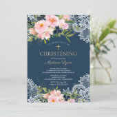 Blush Rose & Peonies Lace Christening Einladung (Stehend Vorderseite)