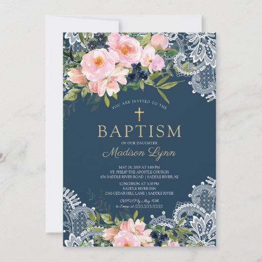 Blush Rose & Peonies Spitzen Taufe Einladung (Vorderseite)