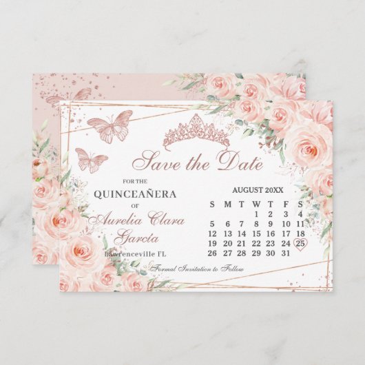 Blush Rose Quinceanera Sweet 16 Calendar Save The Date (Vorne/Hinten)